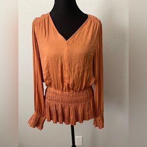 Catherine Malandrino V-Neck Long Sleeve Rust-Orange Blouse